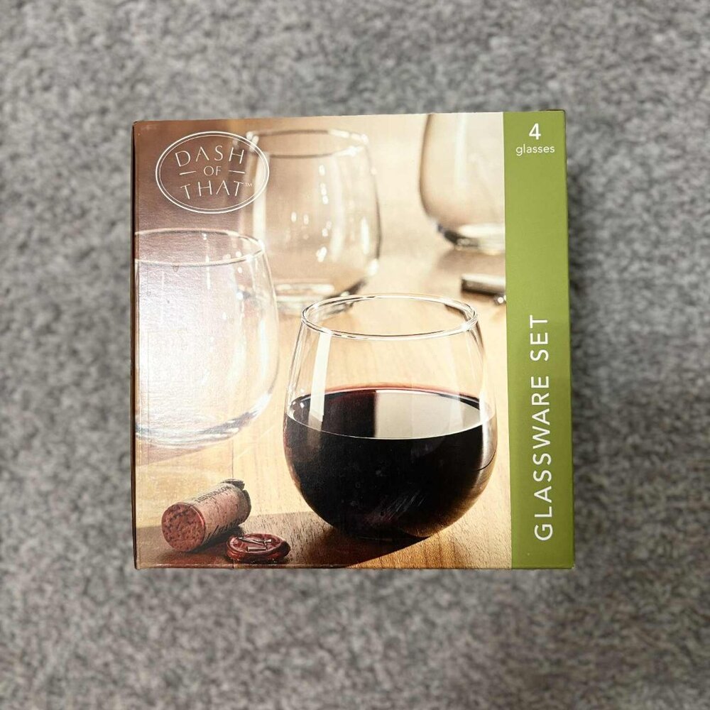 Brand New Set of 4 Stemless Red Wine Glasses Set by "Dash of That"